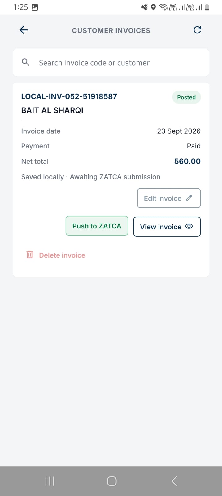 NobleSFA Android customer invoice list with payment and ZATCA status