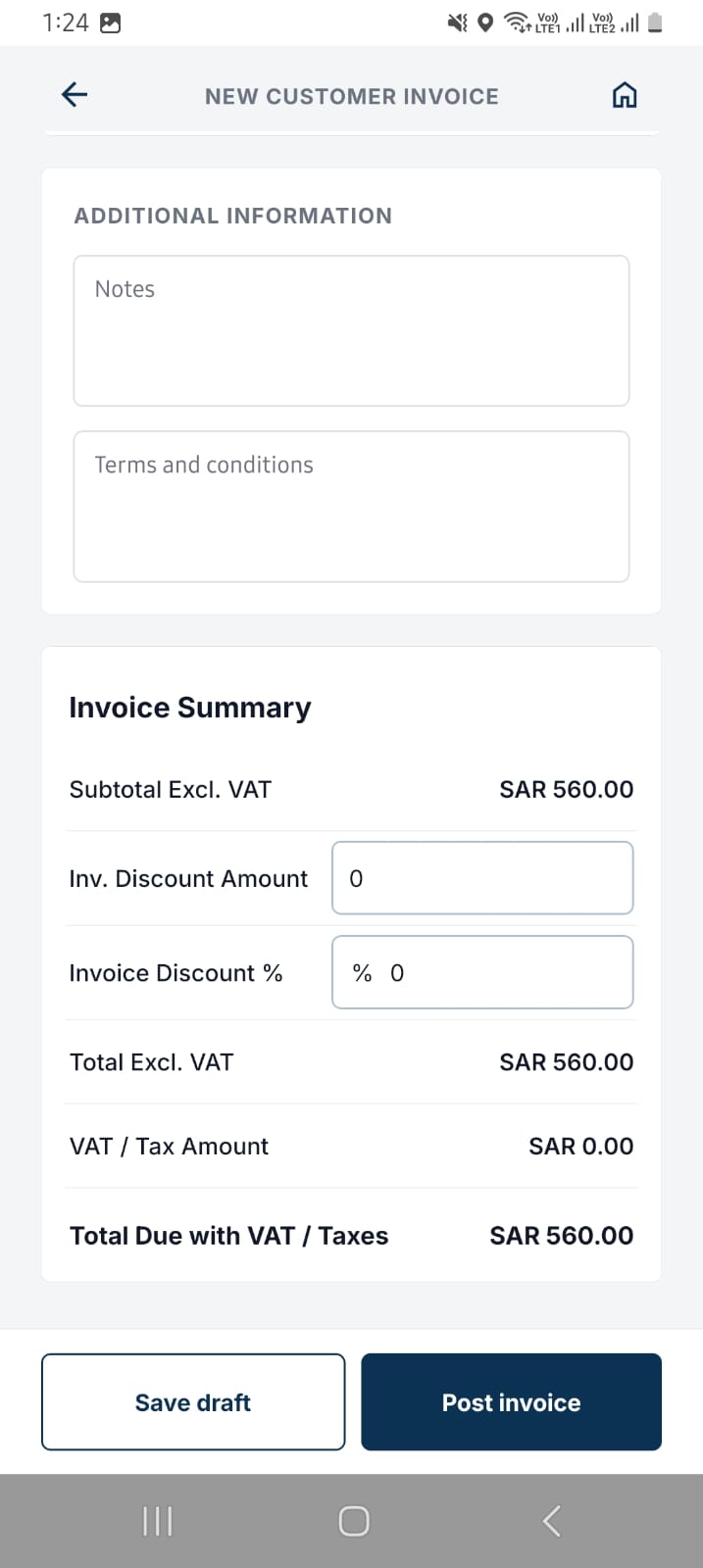 NobleSFA Android invoice summary with VAT, discount, and total due