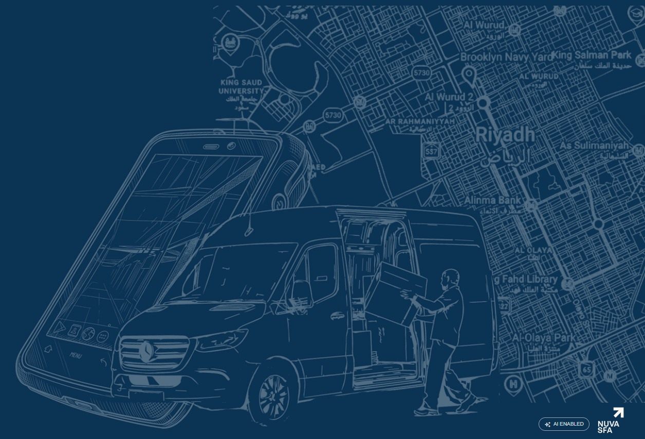 NobleSFA route operations illustration with a field-sales phone, delivery van, and Riyadh map