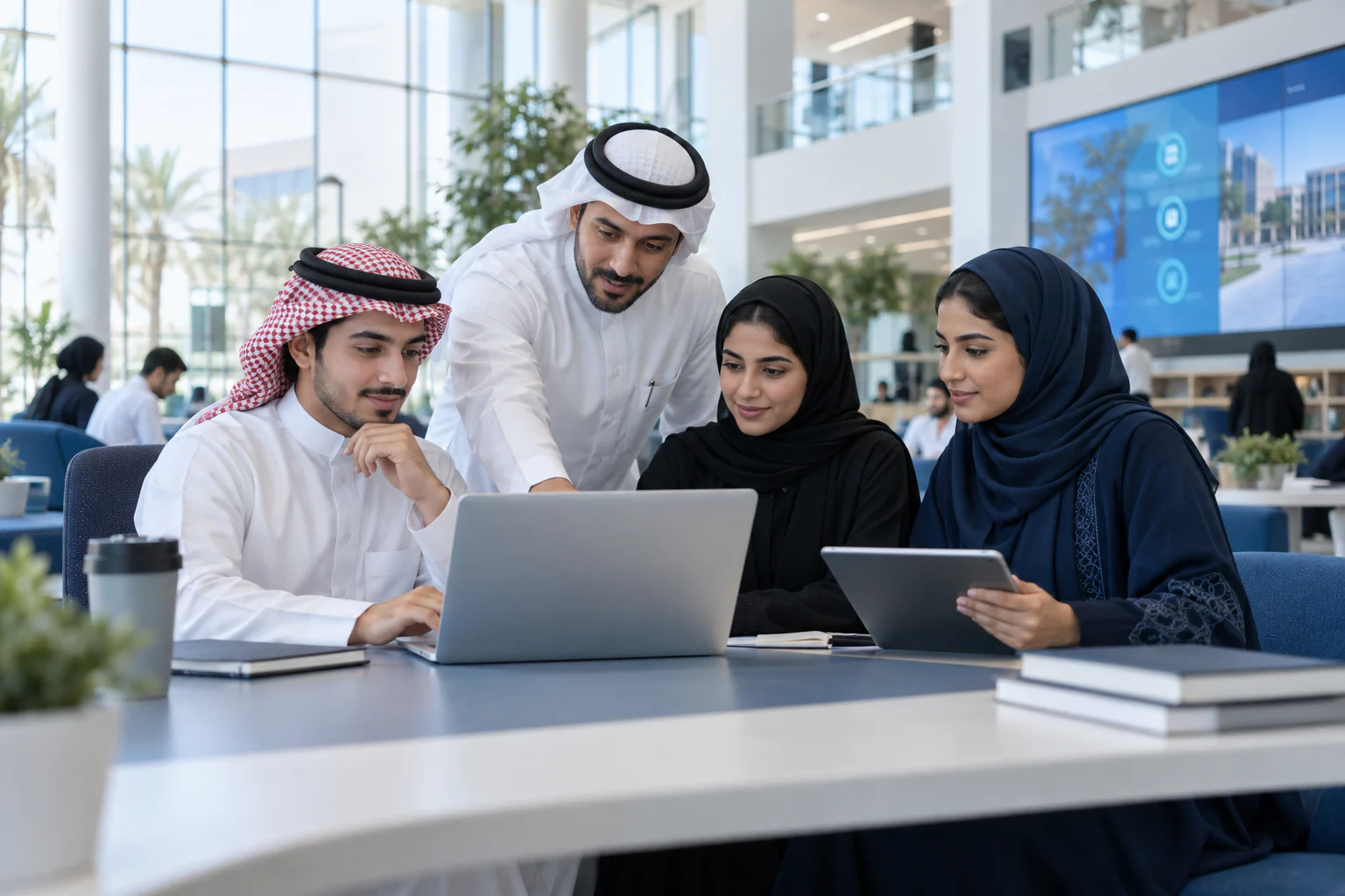 Saudi university students and an advisor using a digital consultation portal