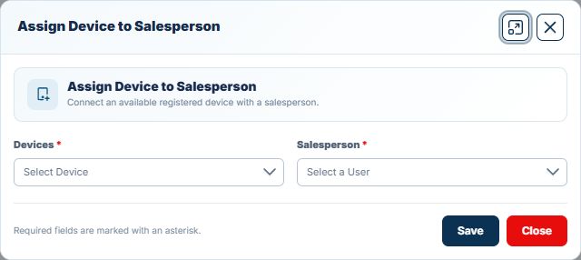 SFA back-office device assignment dialog connecting a registered device to a salesperson.