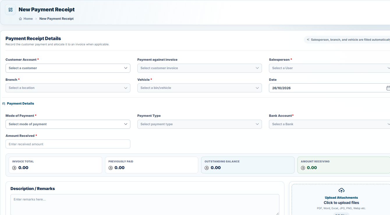 SFA payment receipt entry with invoice allocation, payment method and collection totals.