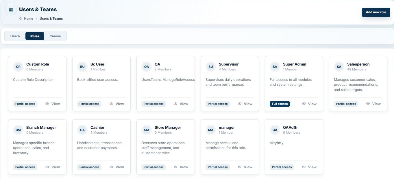 SFA Users and Teams role setup for supervisors, salespeople, cashiers, store managers and administrators.